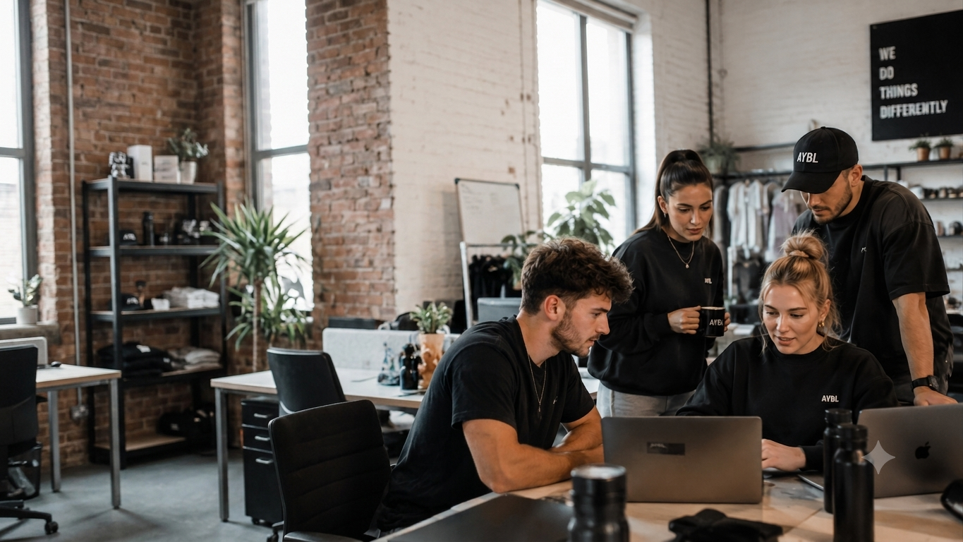Team working together around laptops — collaborative brand partnership strategy